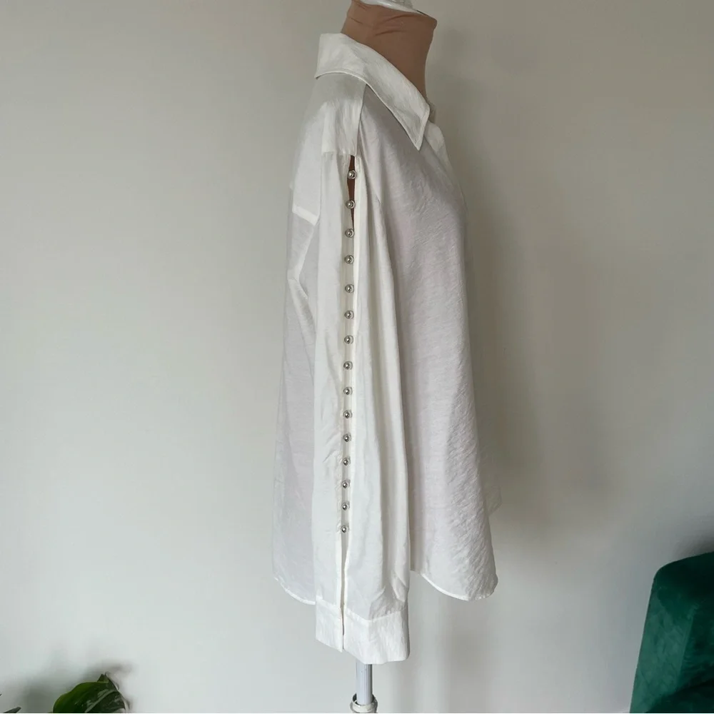 Jonathan Simkhai Stormy Beaded Ivory V-Neck Collar Long Sleeve Coverup Top NWT M - Picture 9 of 12